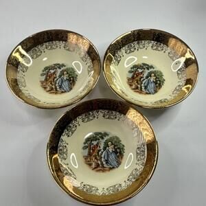 Crest-O-Gold 22K Gold Hand Painted Courting Couple Small Bowls Set of 3 Vintage